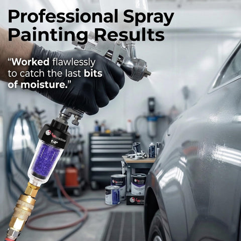 Desiccant Air Dryer System For Pneumatic Tools And HVLP Spray Guns, Removes Oil, Water And Moisture, attached to spray gun