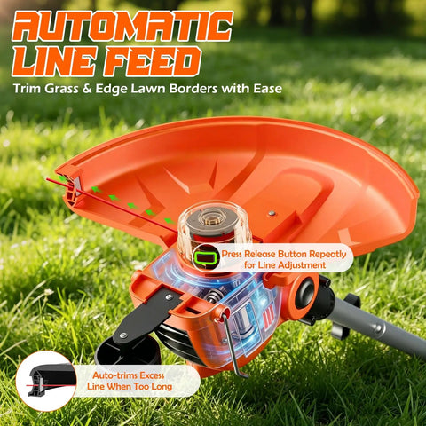 Electric Cordless Weed Wacker Trimmer with 9000RPM Cutting Head showcasing auto feed line and release button
