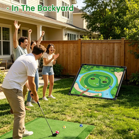 Dual Sided Golf Chipping Game Set With Club Sticky Golf Games Pro Battle Mat in backyard with people cheering