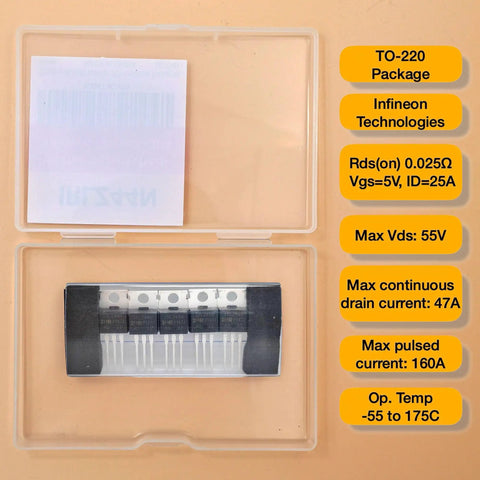 Beefy Logic Level MOSFET IRLZ44NPBF Pack Of 5 With 0.022 Ohm RDSon, 47A, 55V, TO-220, ESD Safe Packaging, Gate-Source Threshold 1.0V To 2.0V For Power Switching Projects, TO-220 MOSFET pack in ESD case