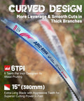 Japanese Teeth Reciprocating Saw Blade 15 Inch Arc Edge Coarse Cut 6 TPI Pruning Blade with curved design in focus
