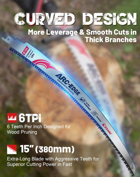Japanese Teeth Reciprocating Saw Blade 15 Inch Arc Edge Coarse Cut 6 TPI Pruning Blade with curved design in focus