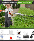 Man using Six In One Beast Of A Gas Powered Weed Wacker Kit With 52cc 2 Stroke Engine on hedge, showing tools like gloves and goggles