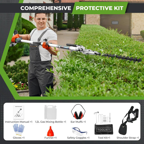 Man using Six In One Beast Of A Gas Powered Weed Wacker Kit With 52cc 2 Stroke Engine on hedge, showing tools like gloves and goggles