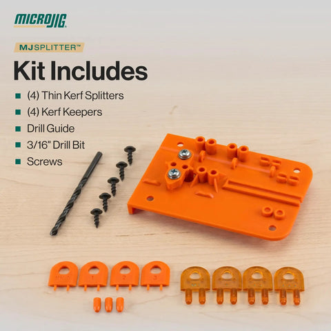Killer Table Saw Splitter Safety Rig For Thin Kerf Blades And Zero Clearance Inserts With Slick Kickback Reduction Kit featuring splitters and drill guide.