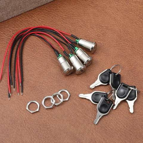 4 Pack 12mm On Off Metal Key Lock Switches With Prewired Leads Rotary Maintained Latching Key Switches Set Includes 8 Keys Built For Easy Use Universal Key System For Shared Gear And Fleet Vehicles. 4-pack prewired metal key switches with keys and mounting nuts