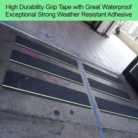 Anti Slip Tape With Glow In The Dark Stripe For Stairs Four Inch By Thirty Five Foot Waterproof Non Slip Grip Tape installed on stairs