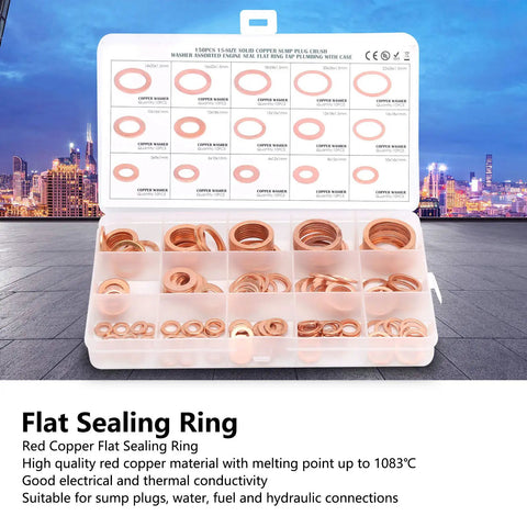 Solid 150 Pack Red Copper Gasket Washers M5 To M22 Perfect For Car Sealing Jobs Oil Water Fuel Hydraulic Connections That Keep You From Leaking Or Stressing No More Drips Just Quality Seals That Last! red copper washer assortment in case, size chart and compartments
