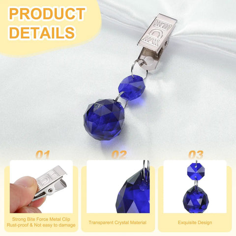 Close-up of 4 Pack Tablecloth Weights With Metal Clips Crystal Ball Pendant Curtain Weights 20mm Blue on white surface.