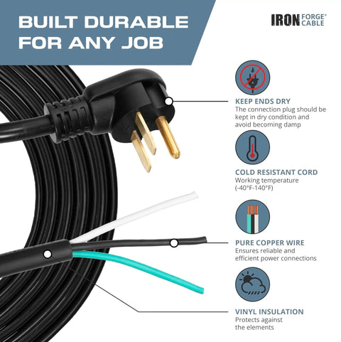 Heavy Duty 10 Gauge Air Compressor And Garage Heater Cord With A Rock Solid Nema 6 30 Plug designed for 30 Amp welders showing plug and wires.