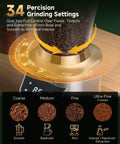 Close-up of Conical Burr Coffee Grinder For Home Use With 34 Grind Settings showing grind size options and touchscreen.