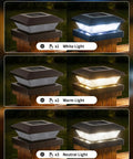 Super Sleek 4x4 Solar Post Cap Lights 12 Pack For Fences And Decks Weatherproof showing different color light settings on a wooden post.