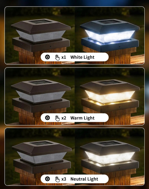 Super Sleek 4x4 Solar Post Cap Lights 12 Pack For Fences And Decks Weatherproof showing different color light settings on a wooden post.
