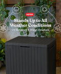 30 Gallon Outdoor Resin Storage Box That Doubles As A Patio Side Table For Pool And Garden Gear All Weather Durable With A Wood Look Finish.