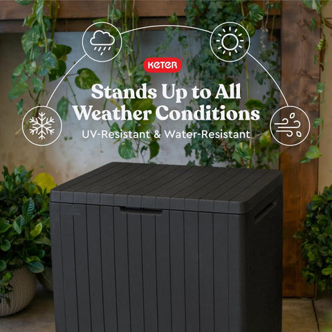 30 Gallon Outdoor Resin Storage Box That Doubles As A Patio Side Table For Pool And Garden Gear All Weather Durable With A Wood Look Finish.