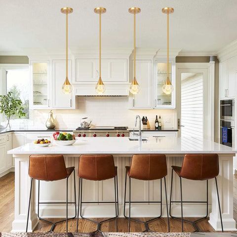 Crystal Teardrop Pendant Light 2 Pack Gold Brushed Brass Finish Glass Globe Hanging Lamps over Kitchen Island.
