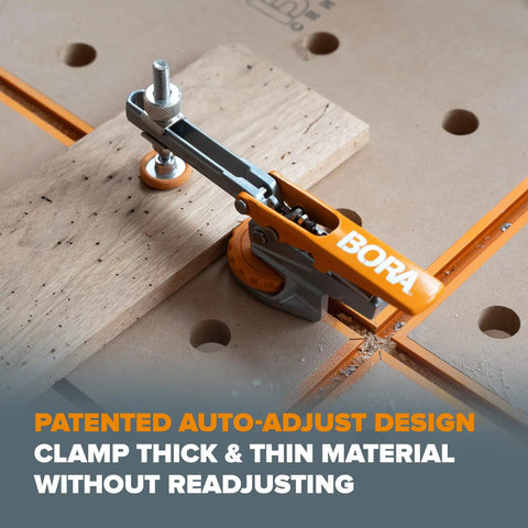 Badass Auto Adjust T Track Clamp Built For Standard 5 16 Inch T Slot in use, securing wood on router table.