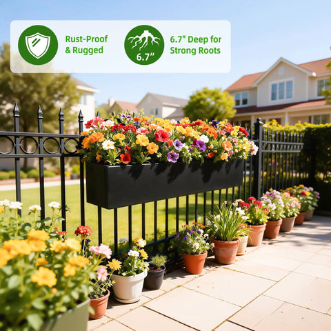 Foldable Metal Railing Planter Box Set With 30 Inch Balcony Planters And Adjustable Brackets installed on a fence with flowers