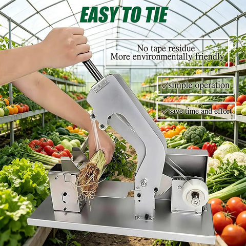 Semi Automatic Vegetable Strapping Machine Compact PE PVC Film Tying Tool Adjustable Tightness Bundler for easy usage in gardens.