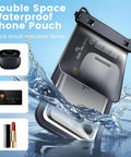 IPX8 Waterproof Pouch 2 Pack With Lanyard Double Window Dry Bag Case shown holding small electronics.