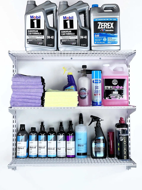 Beefy Three Tier Wire Shelving Unit For Home And Garage With 375 Lb Per Top Track Capacity holding cleaning products