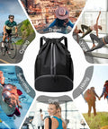 Drawstring Sports Gym Backpack With Wet Dry Separation, Shoes Compartment, central to activities like yoga, swimming, hiking
