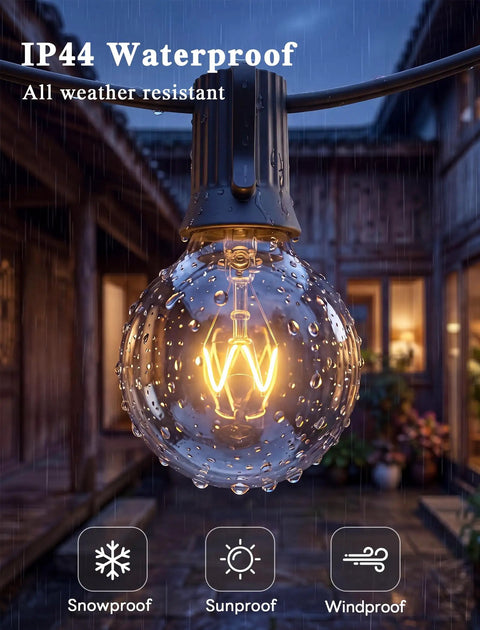 50 Foot G40 Globe Outdoor String Lights With 53 Bulbs And 3 Spares Waterproof For Patio Balcony Yard Party Wedding Market Cafe End To End Design Easy Hang Vibe Warm White Glow showcasing water resistance