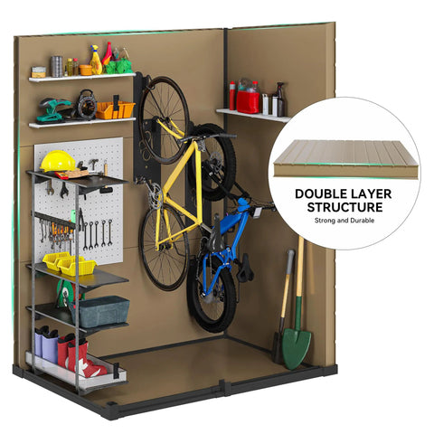 5x3ft Resin Outdoor Storage Shed interior with organized tools, bikes, and shelves, showing double layer UV protected panels