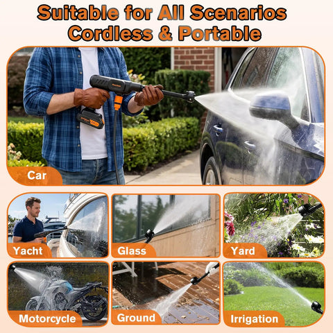 Cordless Pressure Washer 900 PSI Portable Power Washer with 6 in 1 Nozzle Kit for various cleaning tasks on cars, boats, and more