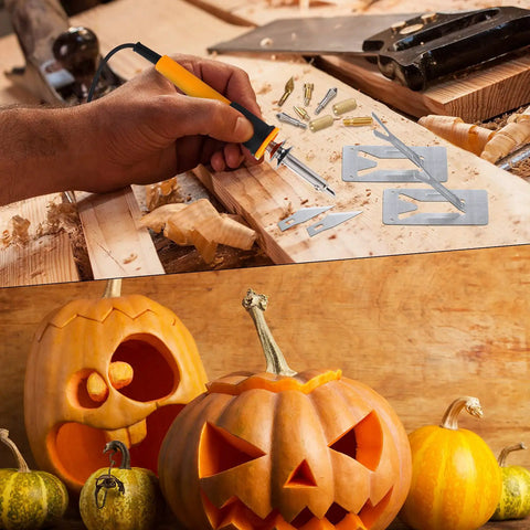 Get This Bad Honoson 30 Pc Electric Hot Knife Cutter Kit With Wood Burning Pen, 16 Blades And Storage Bag used for pumpkin carving and crafting.