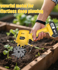 Cordless 20V Tiller Cultivator For Gardening in use, lightweight yellow electric garden tool loosening soil in planter box