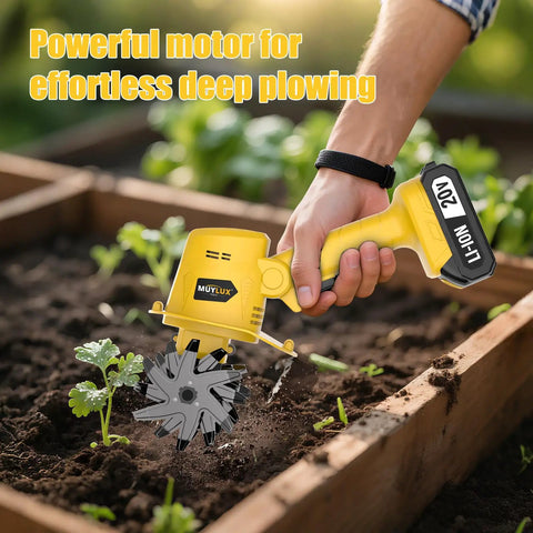 Cordless 20V Tiller Cultivator For Gardening in use, lightweight yellow electric garden tool loosening soil in planter box
