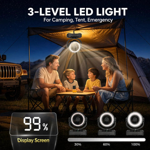 9 Inch Rechargeable Camping Fan Auto Oscillating With 20000mAh Battery For 12 To 60 Hours Of Run Time Keeps You Cool All Day Light Built In Timer