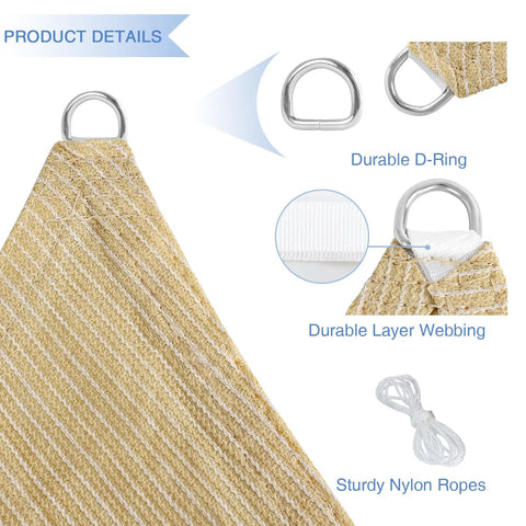 Right Triangle Sun Shade Sail 8 Ft By 8 Ft By 11 Ft Beige UV Block Canopy showing durable D-Rings, webbing, and nylon ropes.
