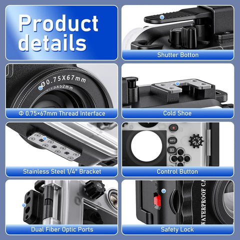 Product details of Underwater Camera Housing For Olympus TG-7 With Wide Angle Lens And Red Filter, showing shutter and control buttons.