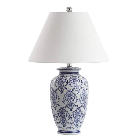Chinoiserie Blue And White Ceramic Table Lamp With Urn Silhouette, Traditional Asian Inspired Living Room Or Bedroom Lighting, White Linen Shade, LED Bulb Included, ETL Listed For Safety
