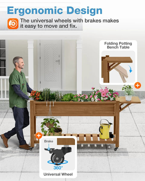 Raised Garden Bed On Legs With Wheels 57x18x30 Inches 400Lb Weight Capacity Waterproof Planter Box with Storage Shelf