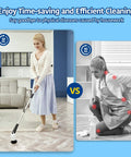 Woman using electric mop vs traditional cleaning, highlighting time-saving benefits of modern tools for efficient home cleaning, split image.