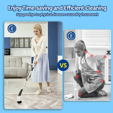 Woman using electric mop vs traditional cleaning, highlighting time-saving benefits of modern tools for efficient home cleaning, split image.