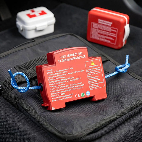 Compact Automatic Car Fire Extinguisher With Quick Aerosol Blast For Instant Emergency Road Safety And Slick Center Console Stash, rear view on black fabric.