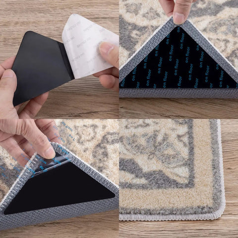 14 Piece Non Slip Rug Tape Set With Rug Grippers And Pad Grippers For Hardwood Floors Tile And Mats, black corner gripper in use