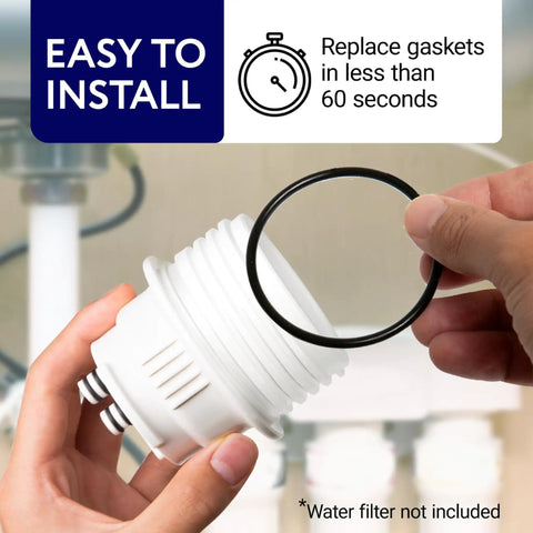 Hands holding black silicone O-ring with water filter housing, 15 Piece O Ring Variety Pack For Water Filters Compatible With Aquasana Claryum AQ Under Sink Systems