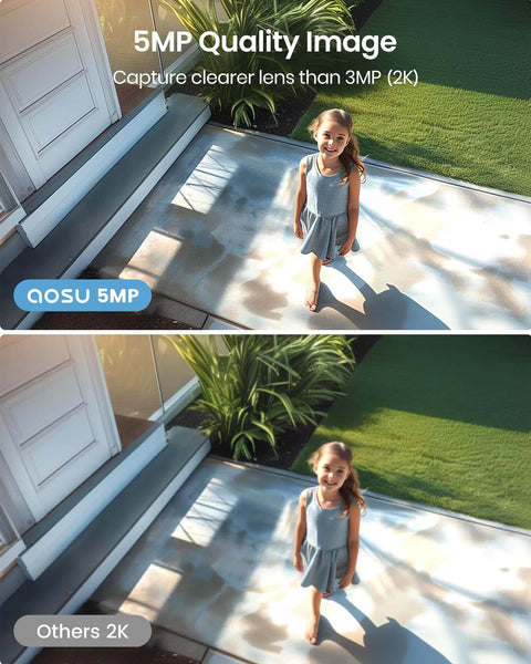 Comparison of wireless outdoor security cameras system 5MP ultra HD, 2 camera kit quality vs 3MP, showing camera clarity.