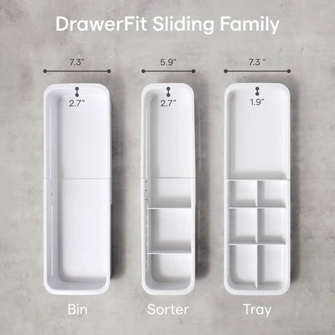 Expandable Sliding Drawer Bin For Kitchens Sets The Bar Inside Deep Drawers The Adjustable Storage Tray In Speckled White, sizes displayed.