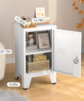 Heavy Duty Metal Nightstand With Totally Lockable Doors And Adjustable Shelves, Super Slick Under Desk Steel Storage Unit, Secure locker cabinet next to sofa with white finish and open door.
