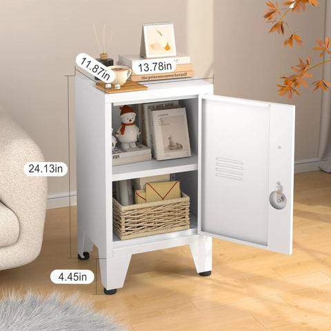 Heavy Duty Metal Nightstand With Totally Lockable Doors And Adjustable Shelves, Super Slick Under Desk Steel Storage Unit, Secure locker cabinet next to sofa with white finish and open door.