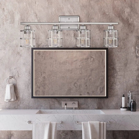 Bathroom with 4 Light Brushed Nickel Bathroom Wall Sconce With Clear Glass above mirror, showing modern fixture design.