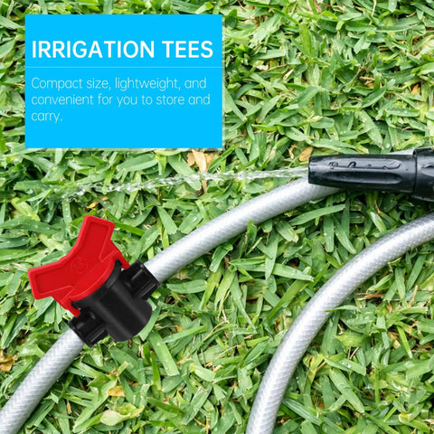 42 Pcs All In One Drip Irrigation Fittings Kit With Switch Valves Tees on a garden hose over grass
