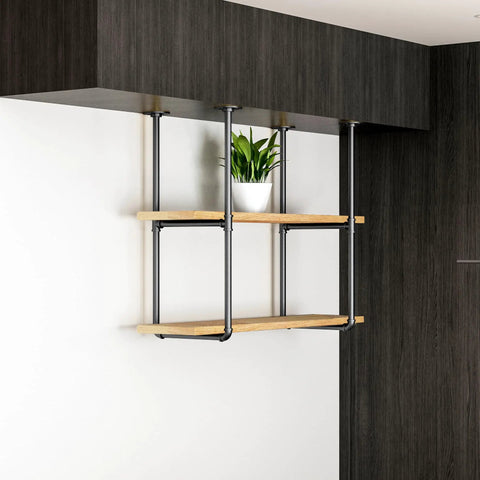 Two Tier Ceiling Mount Pipe Shelf Brackets Black Steel U Shape Industrial Shelf Supports For Plank Width 10 7/8 Inches 37 Inch Long Set Of 2 Pairs Built Tough Space Saving Kitchen Storage installed with plant