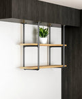 Industrial 37 Inch Ceiling Mount Shelf Kit in Black With 2 Pairs U Shape Plumbing Pipe Brackets And Wooden Planks For Kitchen Storage Space